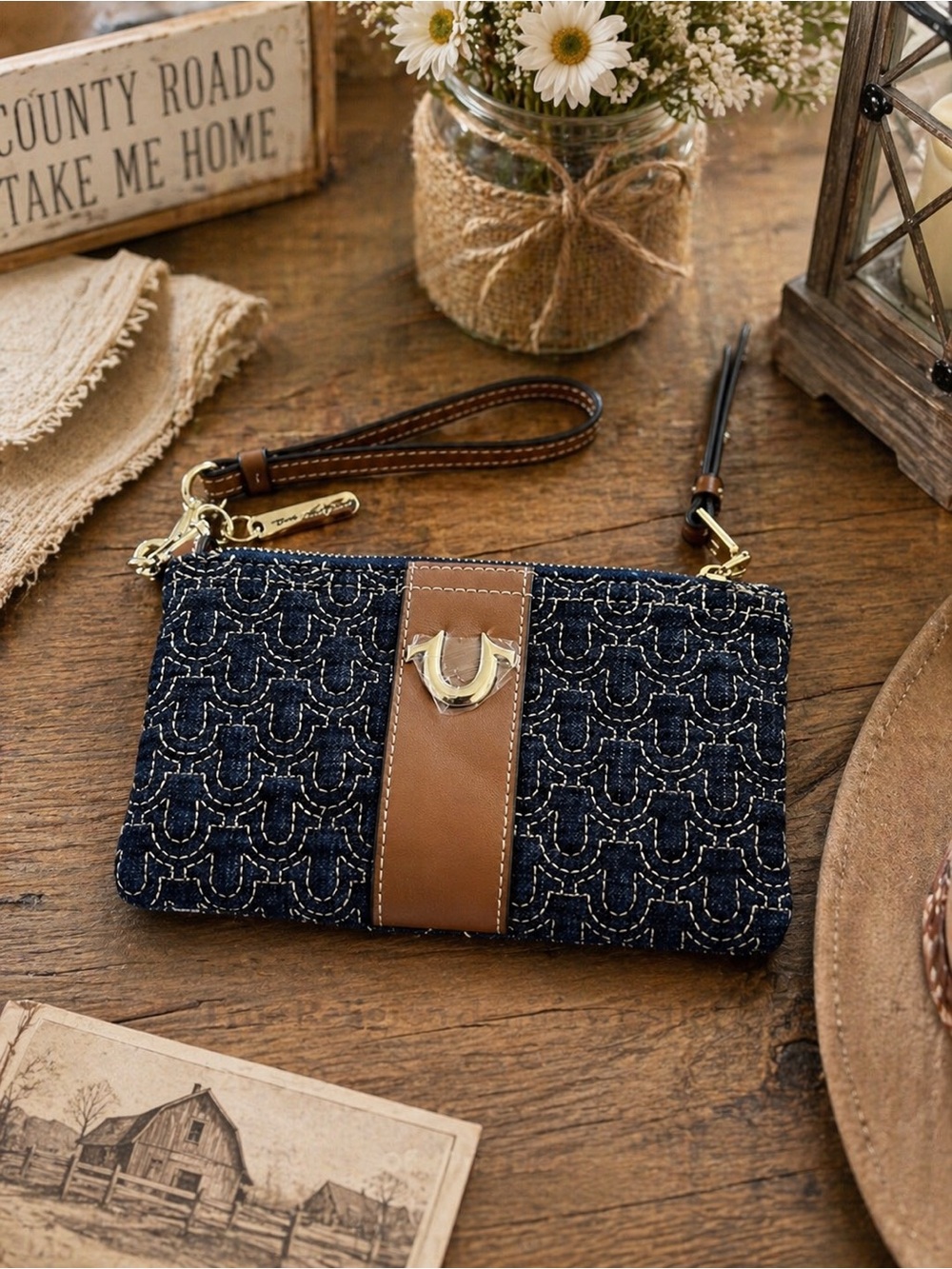 True Religion monogram denim wristlet